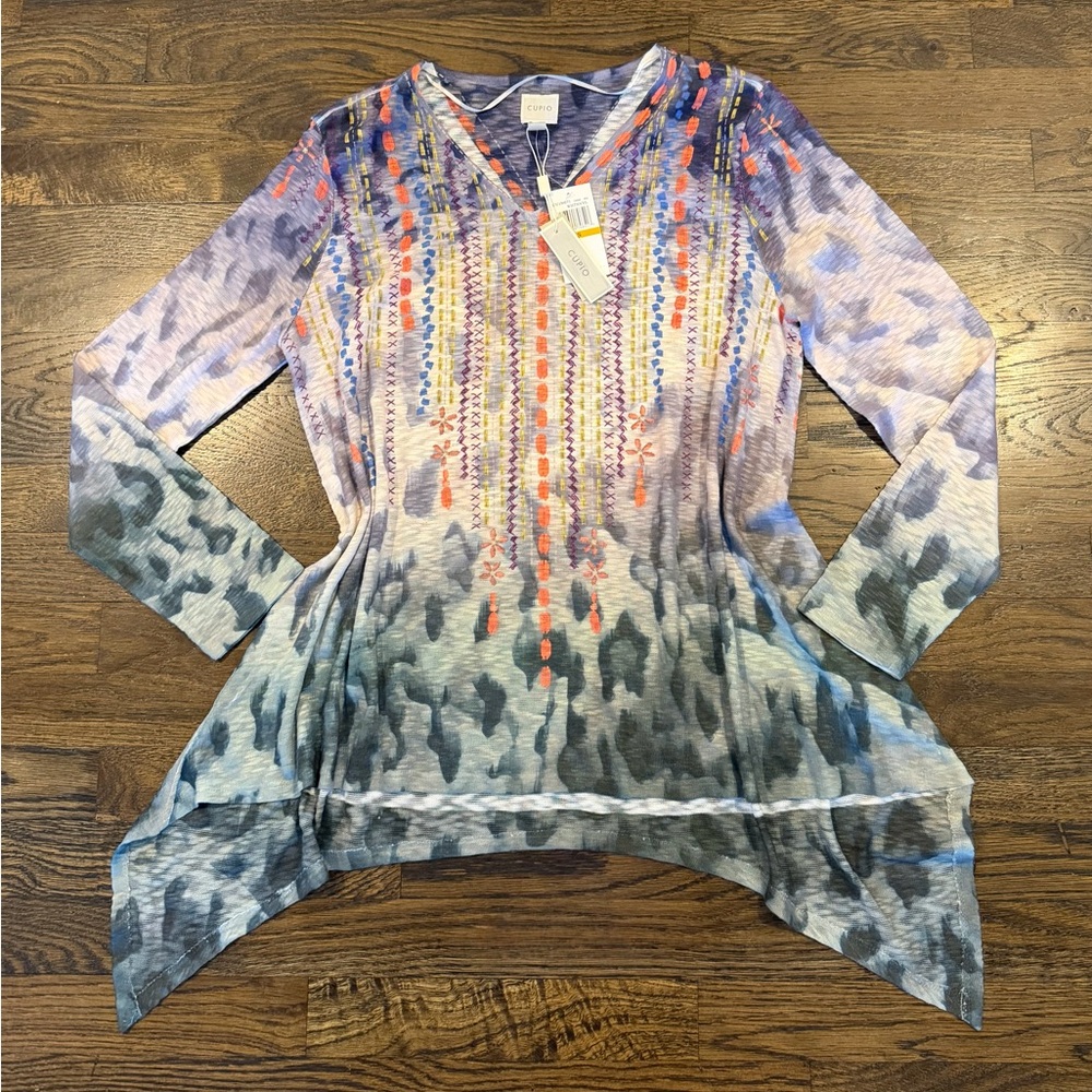 Cupio NWT Boho V-Neck Tunic Top Size S Asymmetrical Hem Multicolor Knit